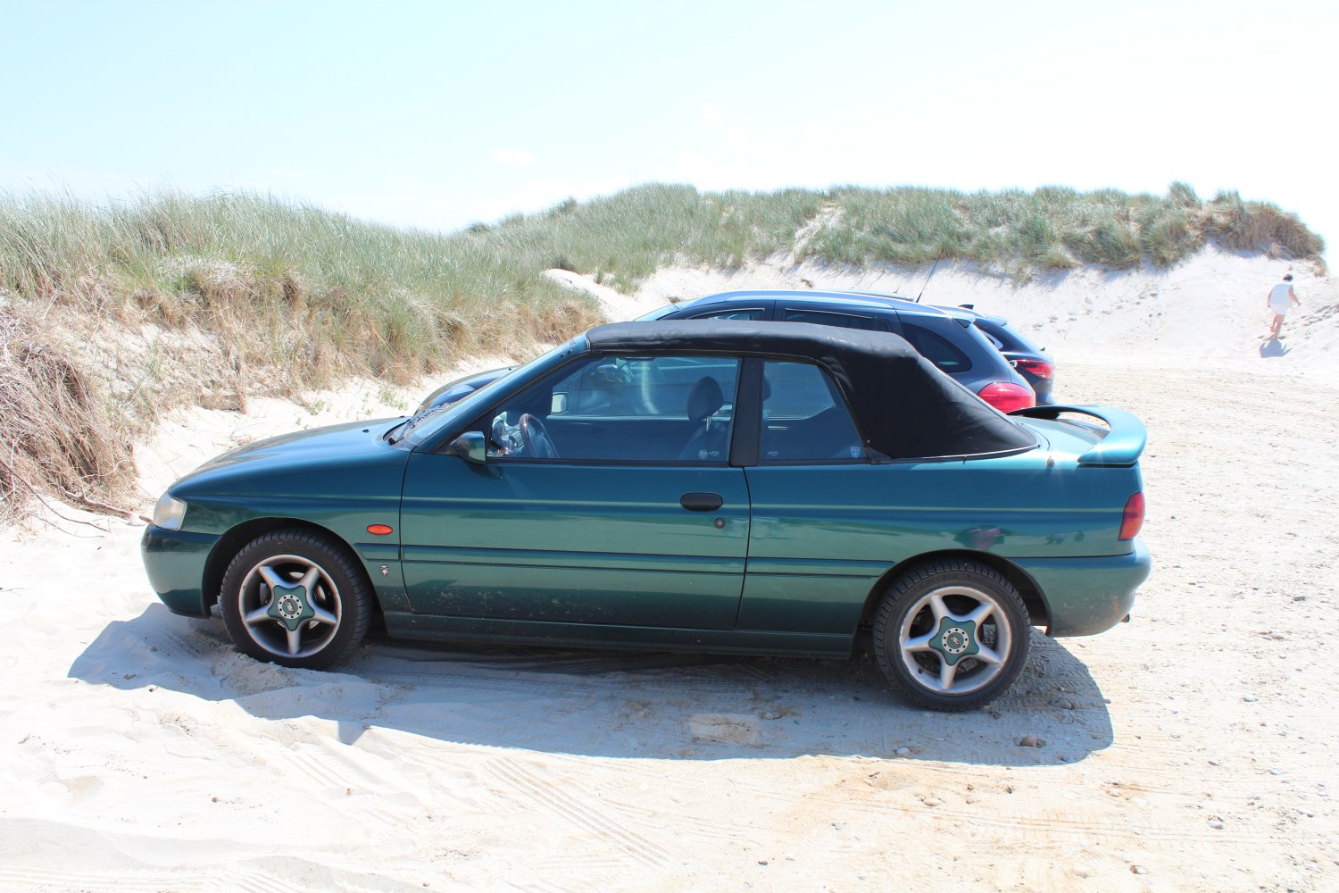 Our Ford Escort Cabrio on the beach in Denmark, 2014