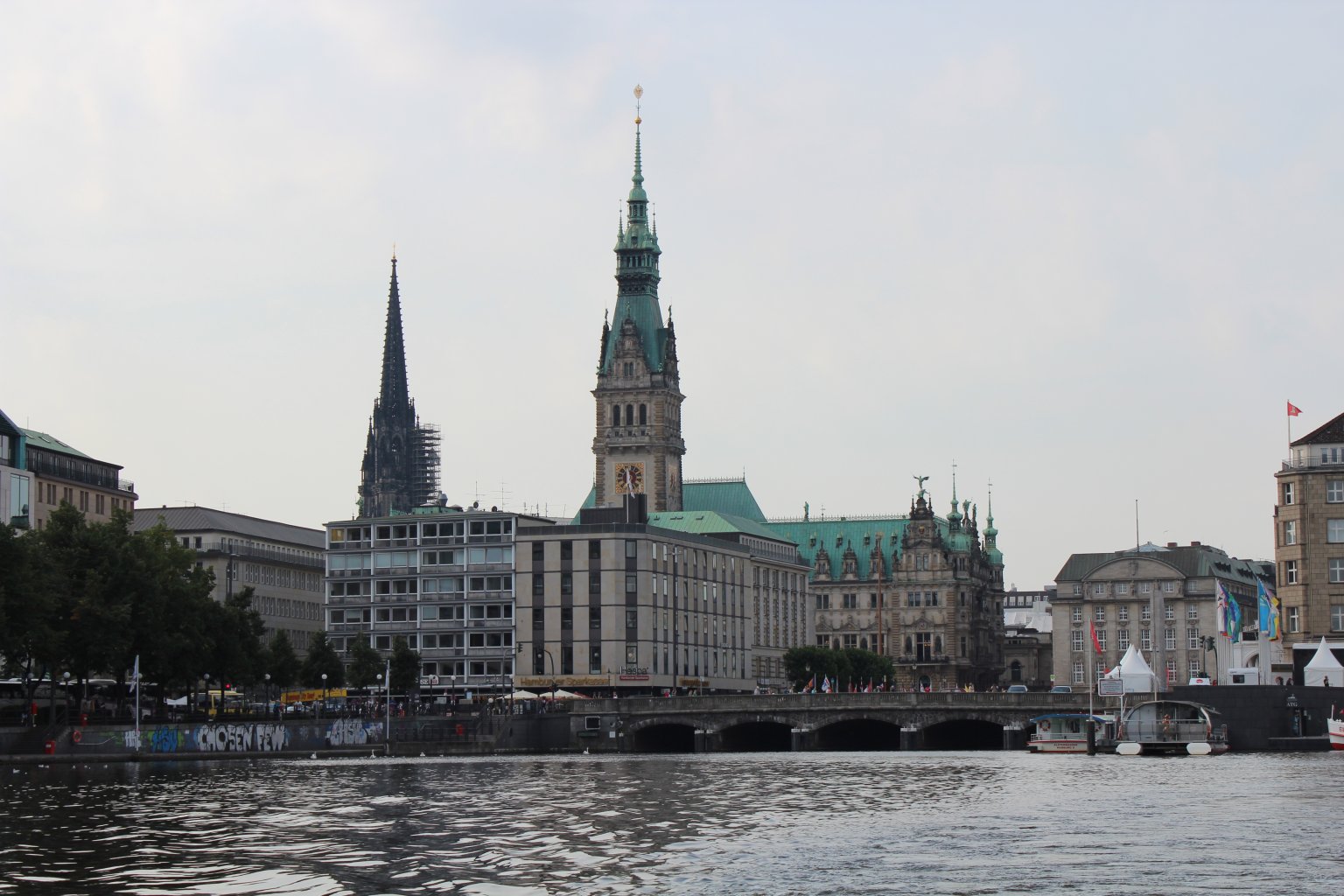 The view from the Binnenalster includes the Rathaus – seat of local government