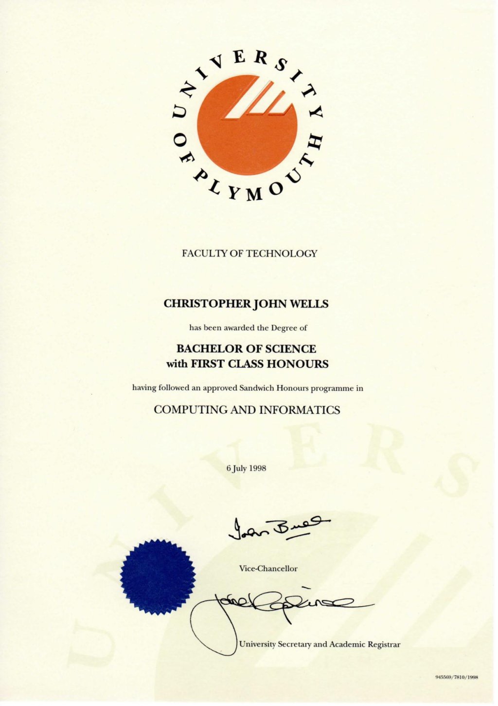 My degree certificate from the University of Plymouth